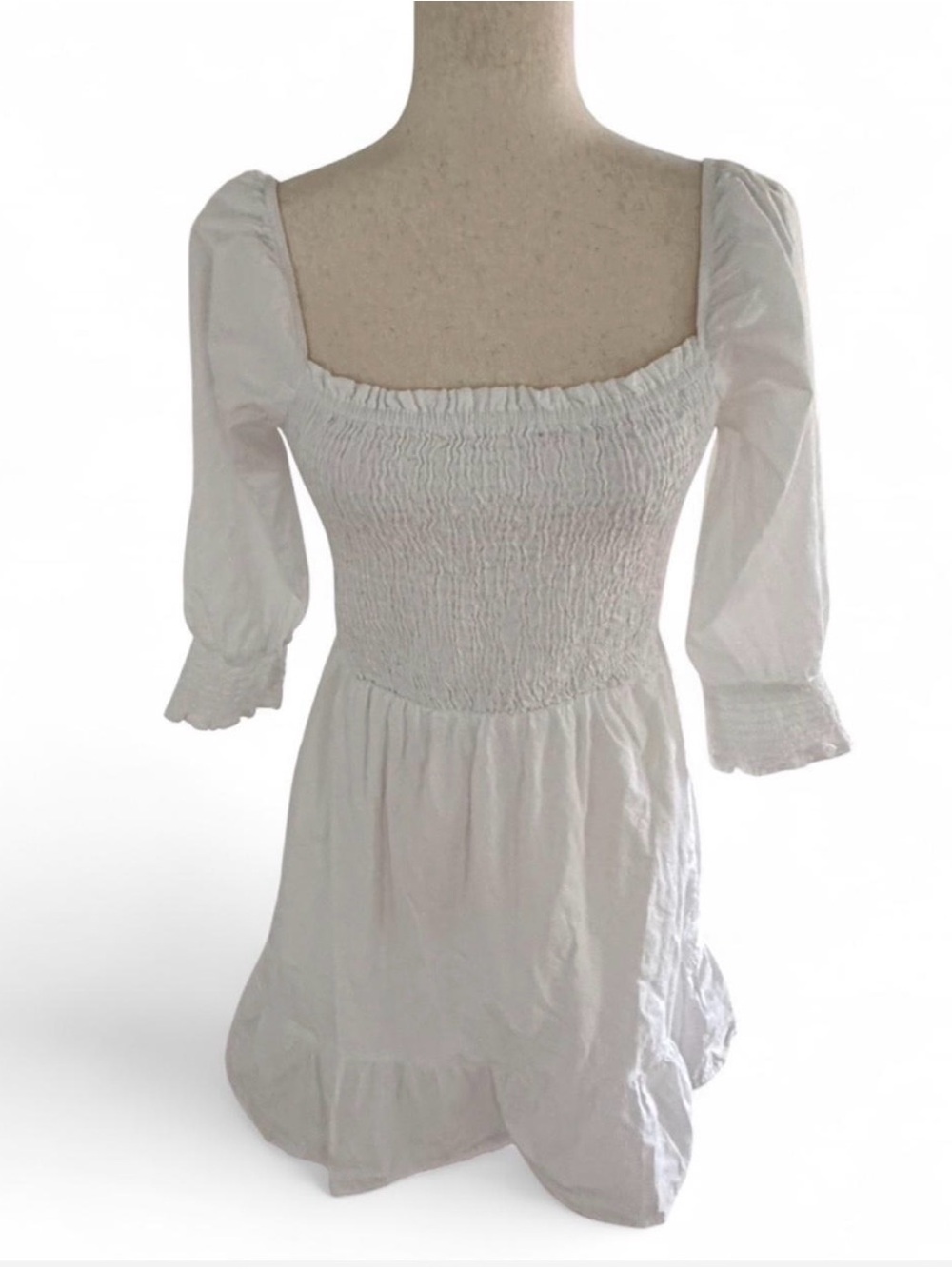 Sim & Sam, White Smocked 100% cotton Square-Neck Women's Dress, Medium
